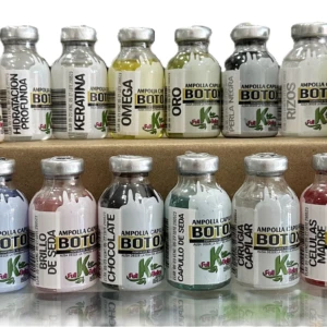 Ampollas capilares Botox, colección variada de 13 unidades con etiquetas de ingredientes y colores.