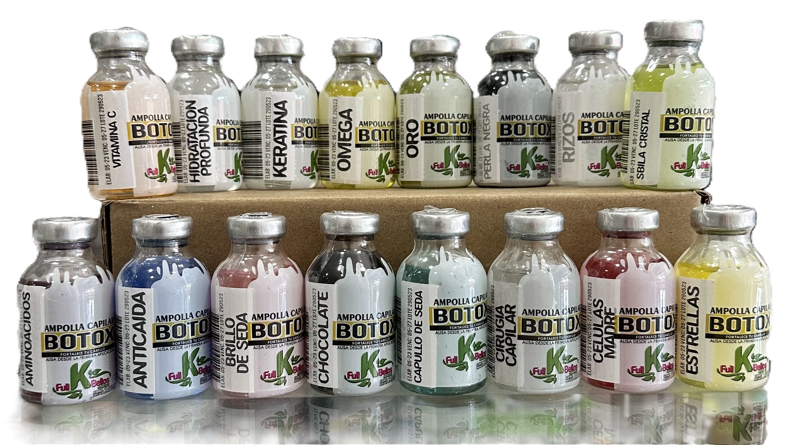 Ampollas capilares Botox, colección variada de 13 unidades con etiquetas de ingredientes y colores.