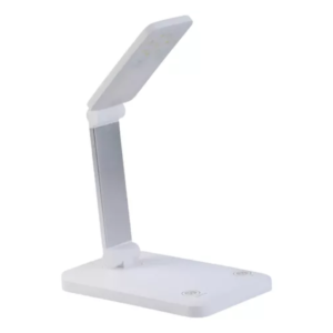 Lámpara de uñas plegable de 24W color blanco con brazo metálico ajustable, diseño compacto y base rectangular con controles táctiles integrados.