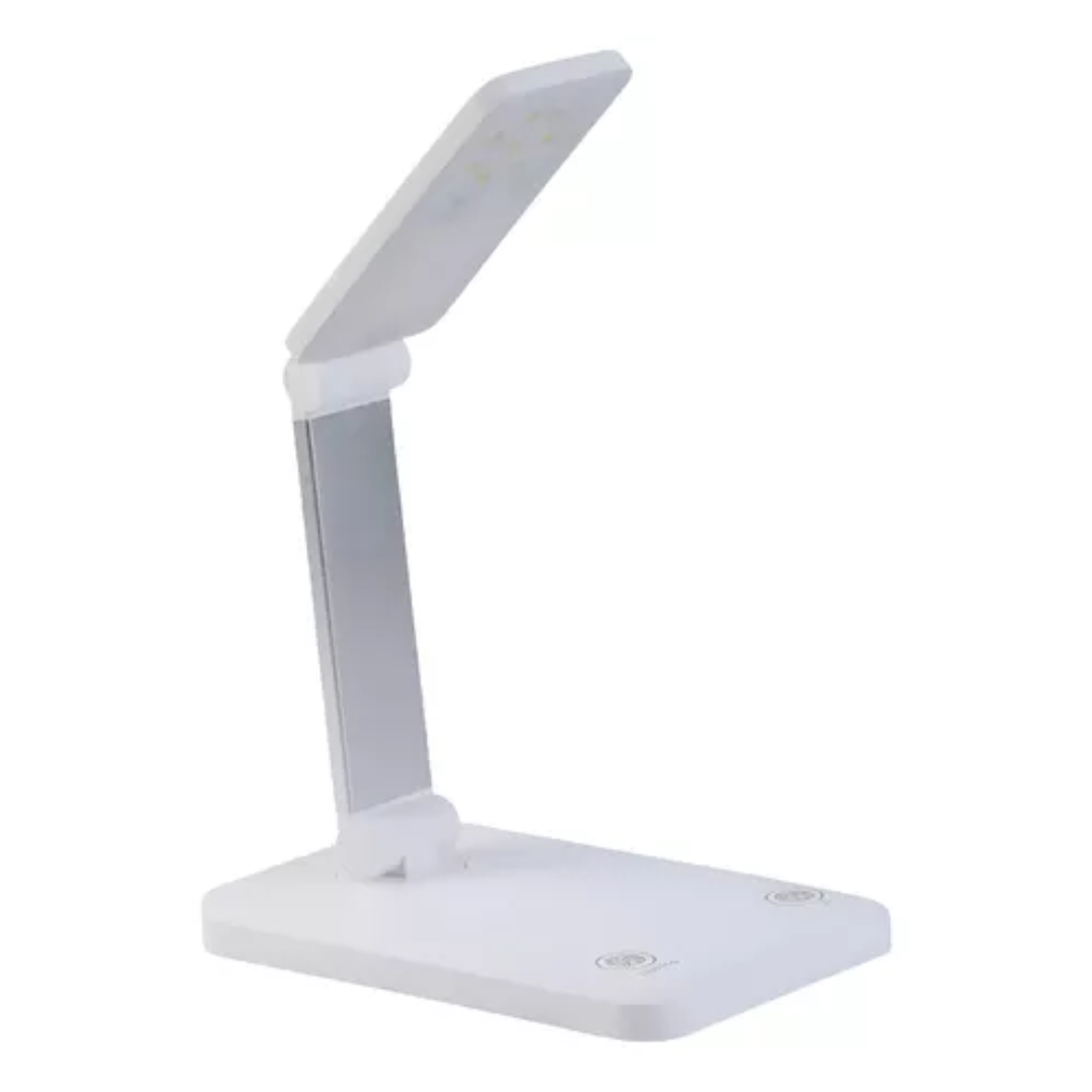Lámpara de uñas plegable de 24W color blanco con brazo metálico ajustable, diseño compacto y base rectangular con controles táctiles integrados.