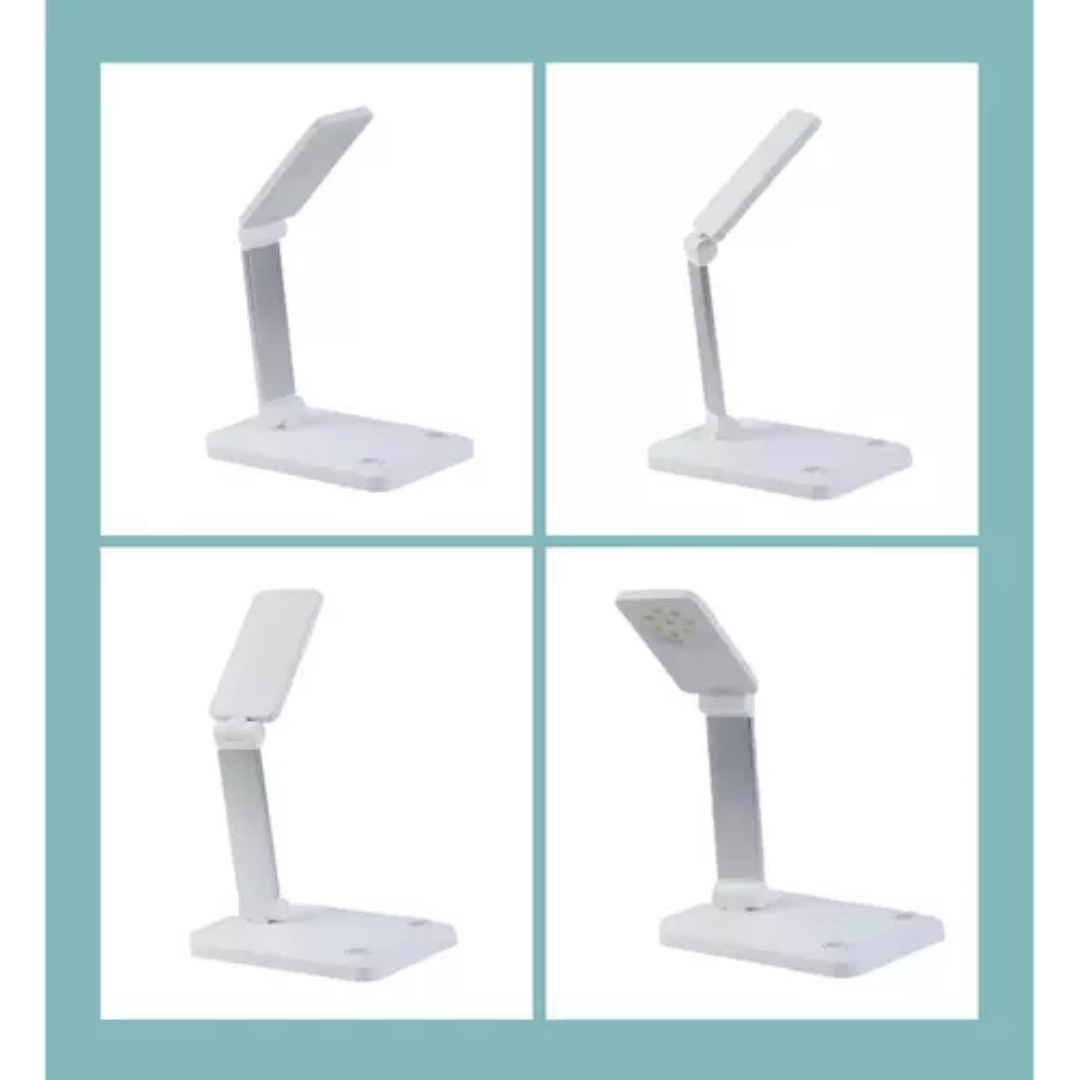 Lampara plegable para uñas de 24W color blanco con brazo articulado, diseño compacto y base rectangular con panel de luces LED integrado.