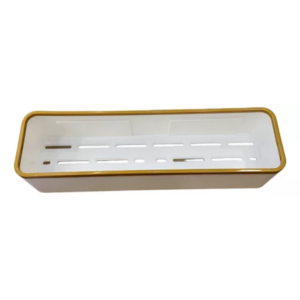 Estante organizador multiusos adhesivo blanco con borde dorado, ideal para baño.
