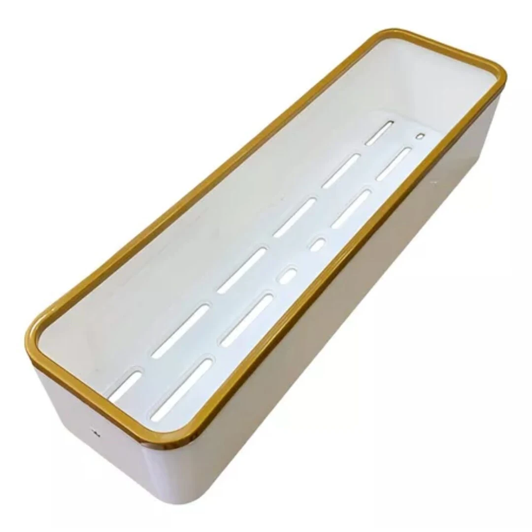 Organizador multiusos adhesivo blanco con borde dorado, con ranuras de drenaje, ideal para baño o cocina.