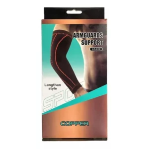 Empaque de soporte de brazo deportivo largo color negro con detalles naranjas. Muestra codera de compresión estilo alargado, con texto "COPPER". Modelo LC-012.