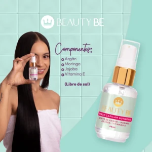 Sérum capilar nutritivo Beauty Be con argán, moringa y vitamina E. Controla frizz y sella puntas. 45ml.