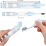Set x2 cepillos de dientes azules 2 en 1 con dispensador de crema dental, diseño compacto y portátil.