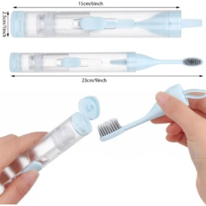 Set x2 cepillos de dientes azules 2 en 1 con dispensador de crema dental, diseño compacto y portátil.