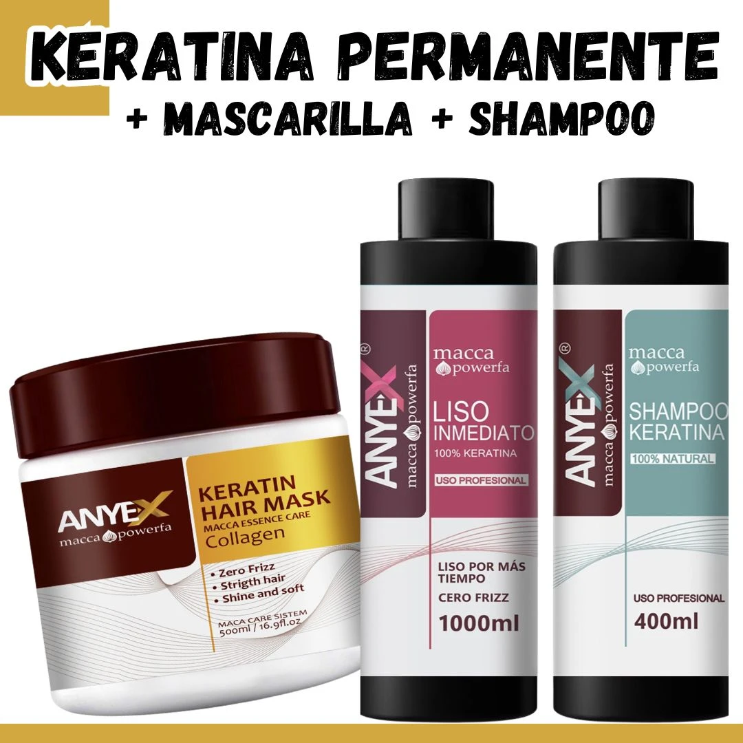 Combo Keratina Anyex: incluye mascarilla de 500ml, tratamiento liso inmediato de 1000ml y shampoo de 400ml para el cuidado y alisado del cabello.