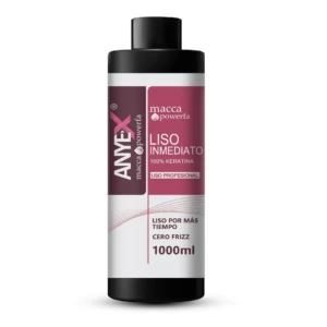 Envase cilíndrico negro de 1000ml de keratina Anyex con etiqueta granate y blanca que destaca su función de alisado inmediato y control de frizz.
