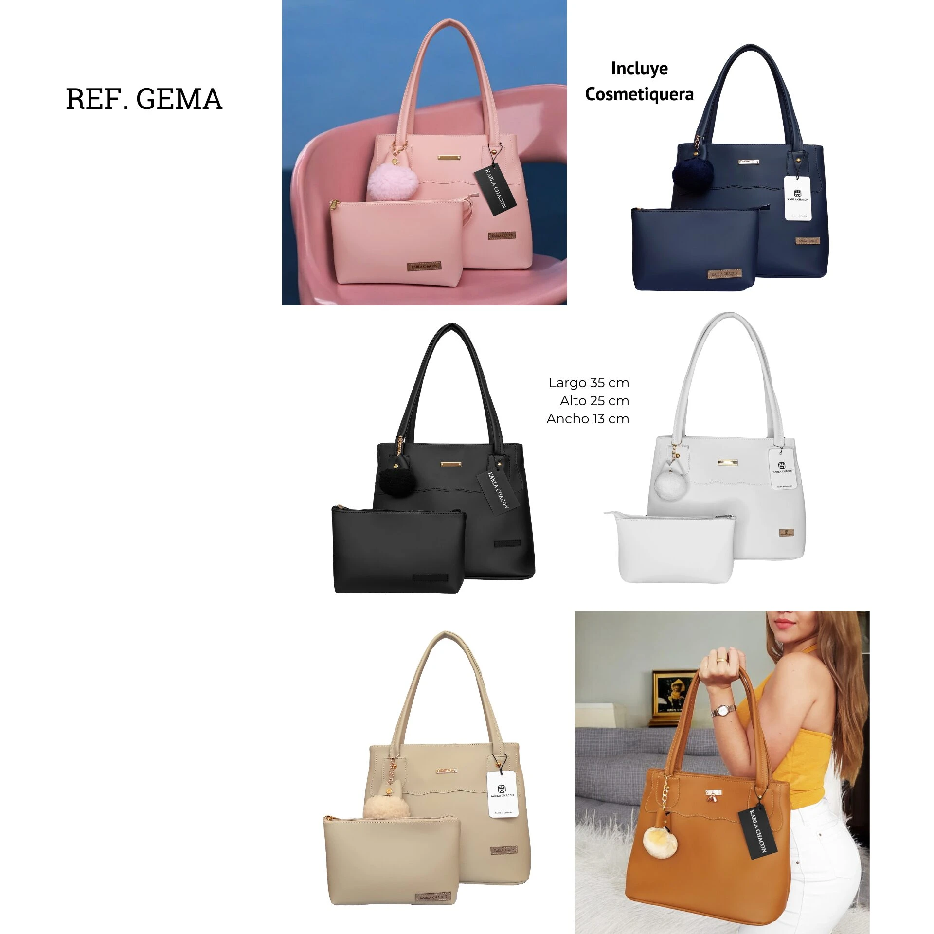 Set Bolso Dama Gema blanco, cosmetiquera y pompon, medidas 35x25x13 cm. Incluye cosmetiquera.