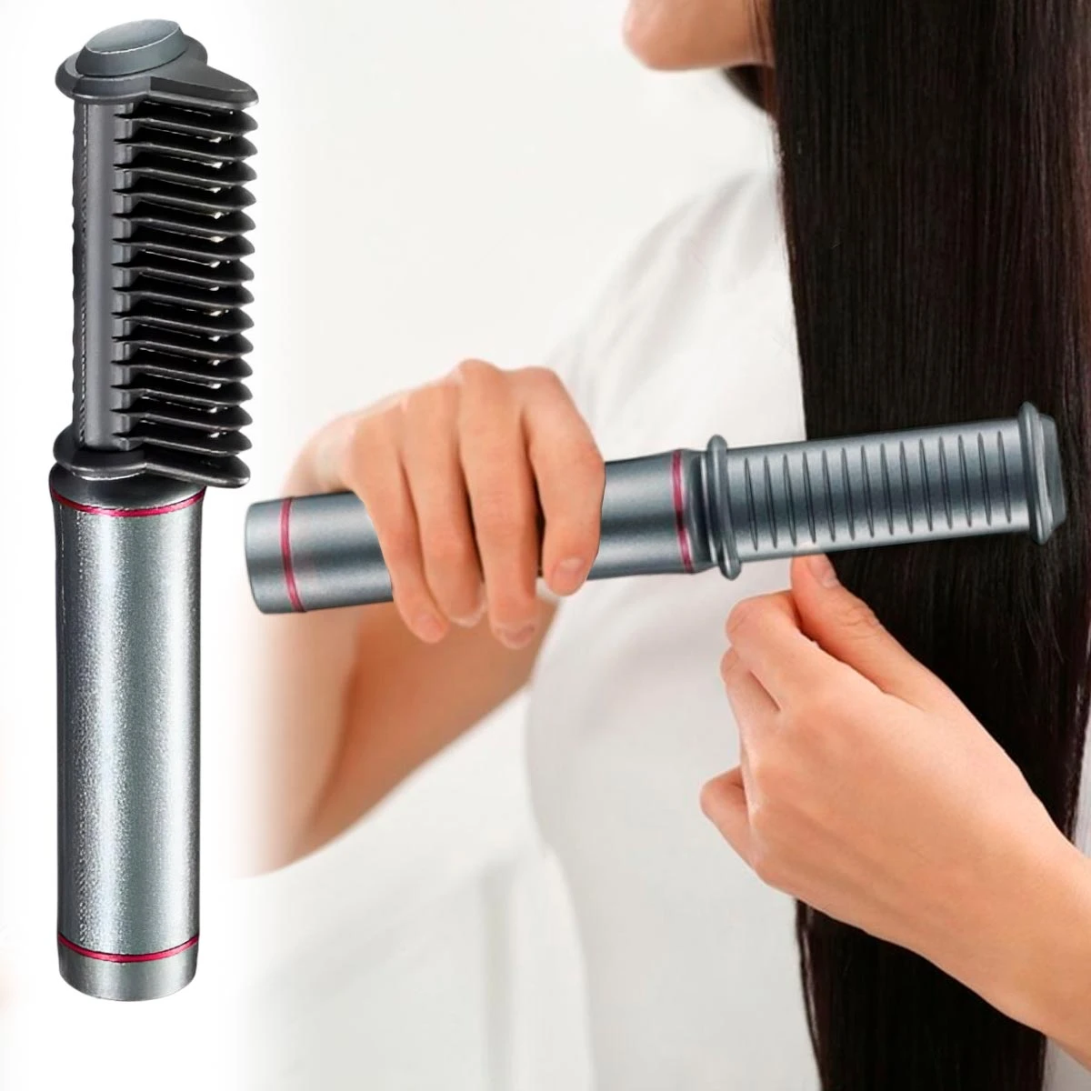 Cepillo alisador inalámbrico recargable gris con detalles rojos, peine integrado para alisar el cabello mientras una mujer lo sostiene y usa.