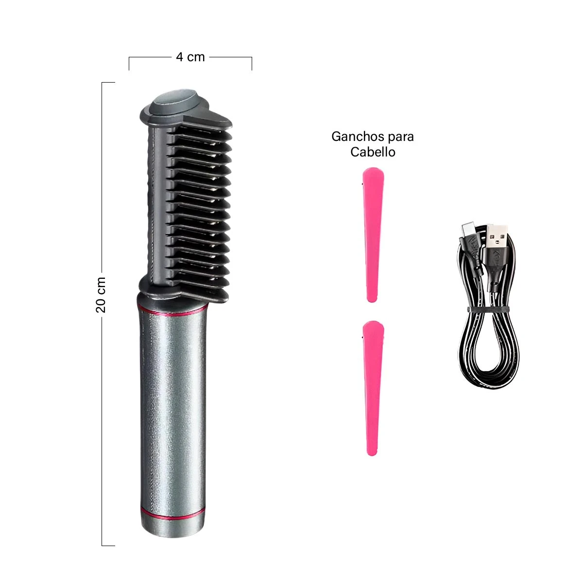 Cepillo alisador inalámbrico gris de 20x4 cm, incluye dos ganchos para cabello color rosa y un cable de carga USB, presentados sobre fondo blanco.