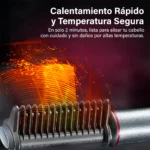 Primer plano de cepillo alisador inalámbrico gris con cerdas dentadas, mostrando un efecto visual de calor intenso para un alisado rápido y seguro.