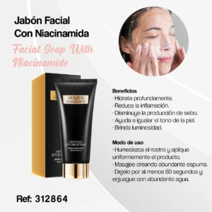 Jabón facial Venzen con Niacinamida, envase negro brillante, espuma en rostro femenino, para hidratar y reducir inflamación.