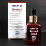 Serum 10 Retinol, esencia antiedad en frasco de vidrio ámbar con gotero, y su caja.