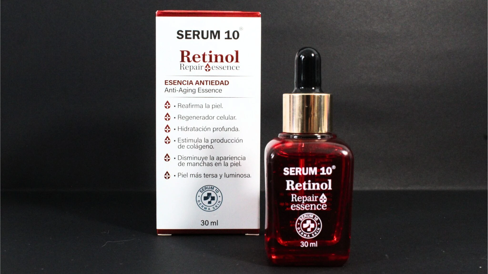 Serum 10 Retinol, esencia antiedad en frasco de vidrio ámbar con gotero, y su caja.