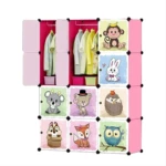 Armario organizador de ropa infantil rosa con 9 cubos decorados con animales.