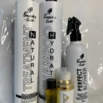 Set de productos para cabello French's Gold: shampoo, tratamiento, protector térmico y ampolleta.