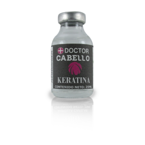 Ampolla de 25 ml de keratina Doctor Cabello en frasco de vidrio transparente con tapa metálica y etiqueta negra con logotipo rosa.