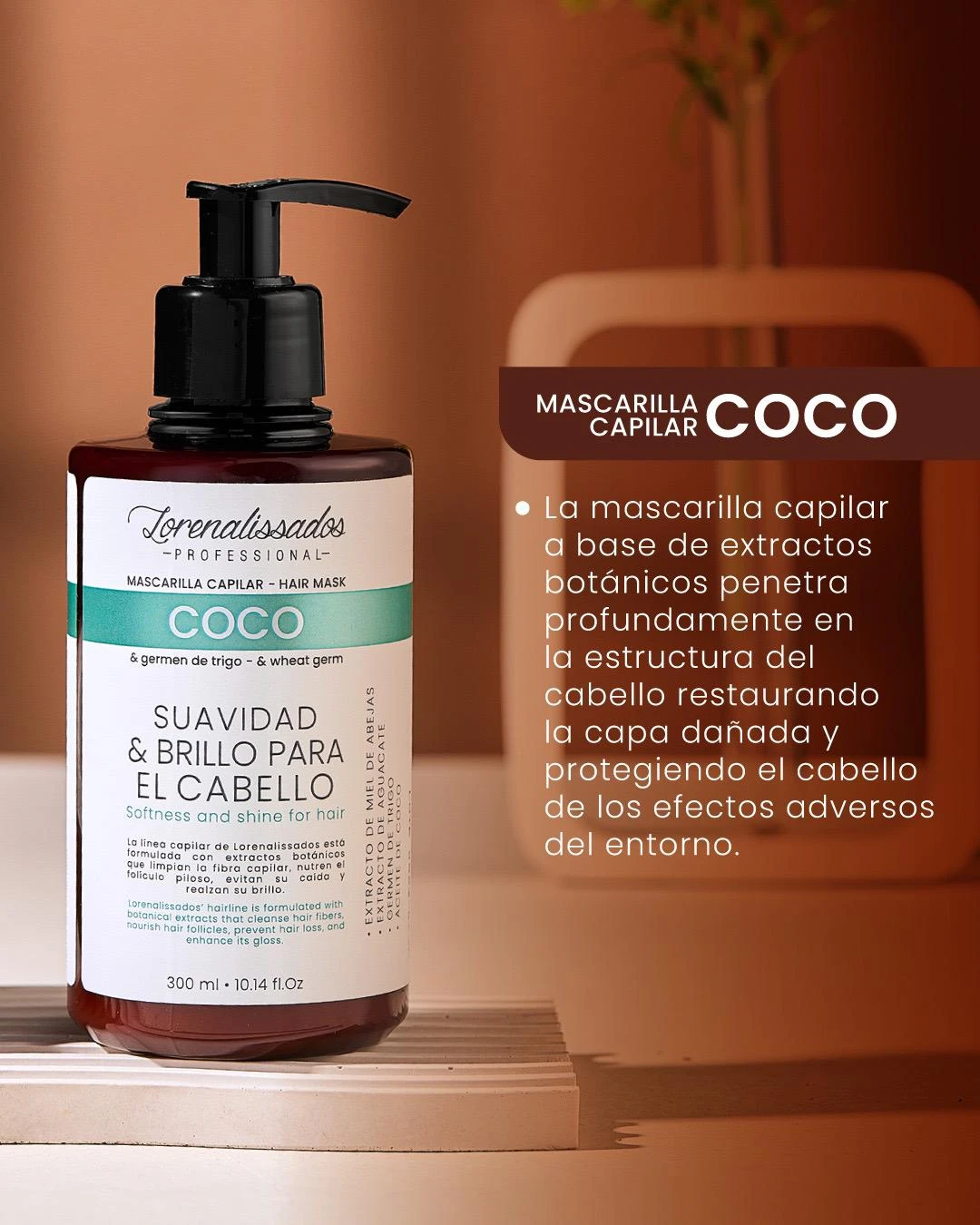 Mascarilla capilar coco Lorenlissados en frasco de 300ml, para suavidad y brillo, restaura el cabello dañado.