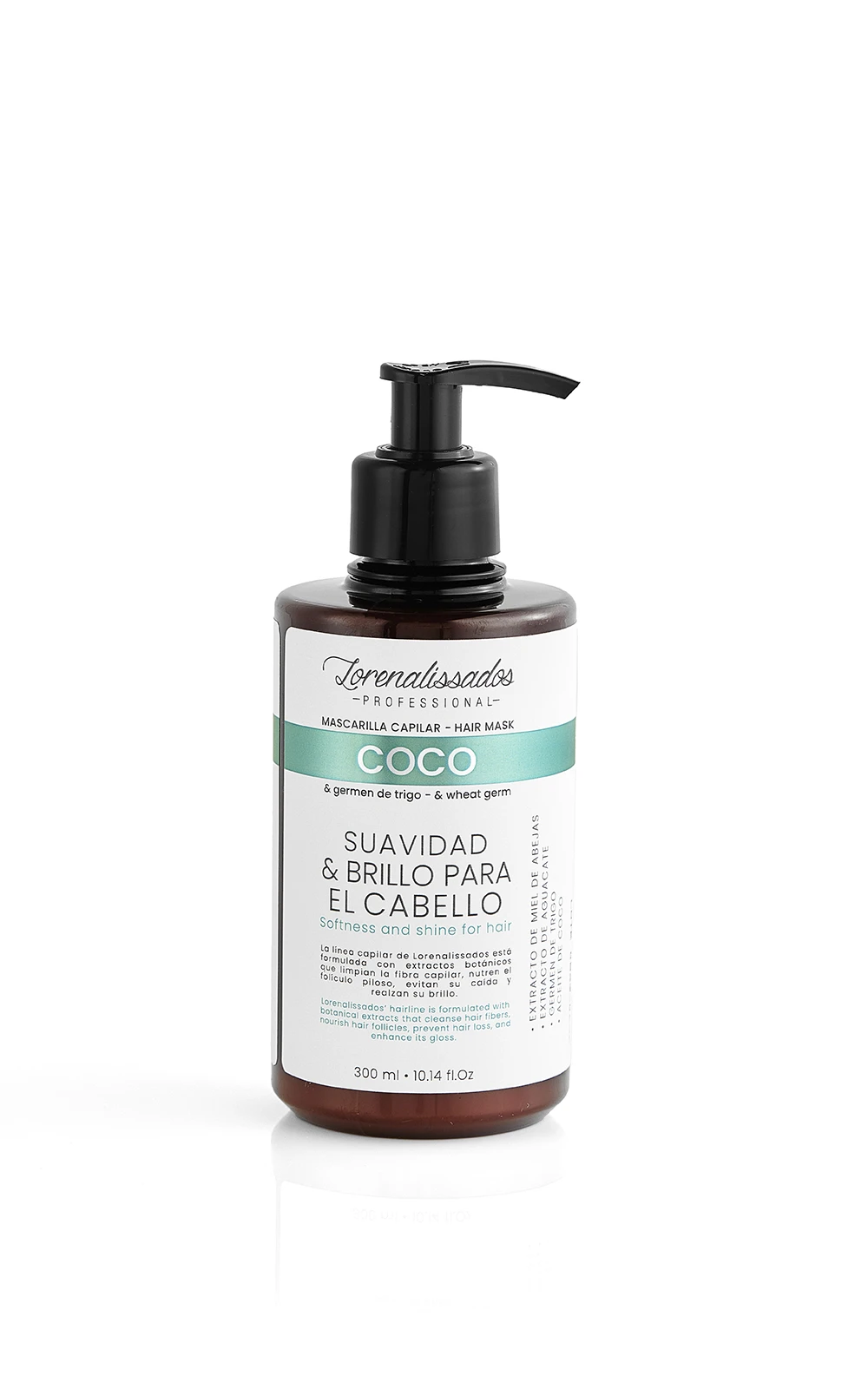 Frasco dispensador de mascarilla capilar Lorenassados Coco para suavidad y brillo, 300ml.