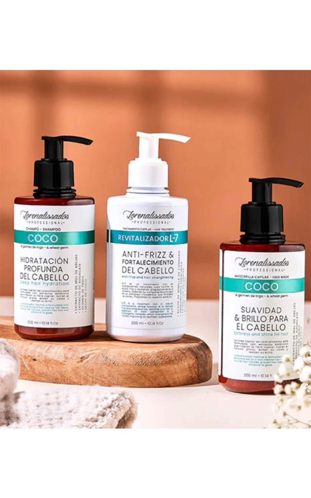 Set de 3 productos L'Oreal Professionnel: champú coco, revitalizador L-7 y mascarilla coco para cabello.