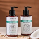 Dos frascos de coco con dispensador, uno shampoo y otro mascarilla, para cabello con trigo y aguacate.