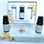 Set de tratamiento capilar Lorenza Lissados: 3 ampollas y 2 frascos de serum reparador con detalles dorados.