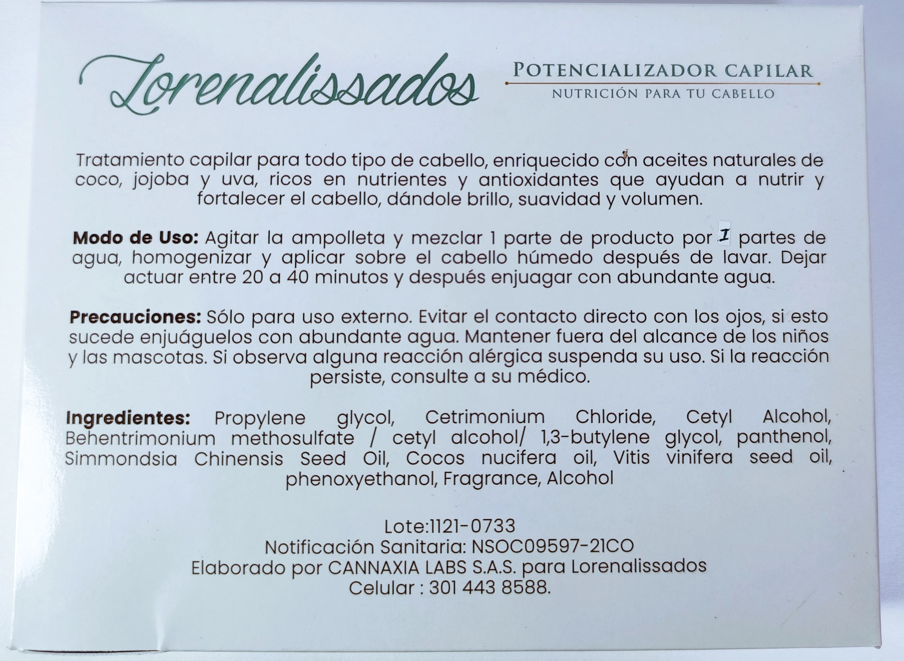 Tratamiento capilar Lorenalissados en ampolleta, con aceite de coco, jojoba y uva para reparar cabello dañado y frizz.