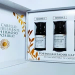 Caja abierta con tres frascos de tratamiento capilar "Lorenallissados" de 20ml, para Semanas 1, 2 y 3.