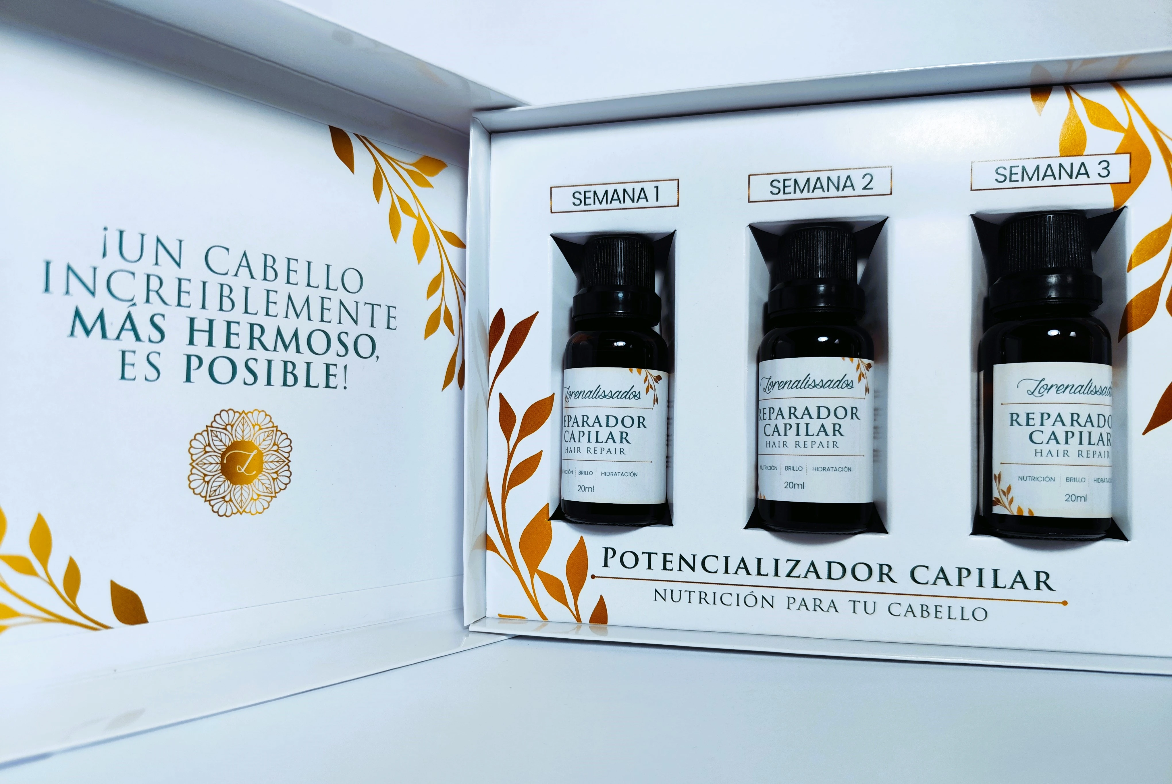 Caja abierta con tres frascos de tratamiento capilar "Lorenallissados" de 20ml, para Semanas 1, 2 y 3.