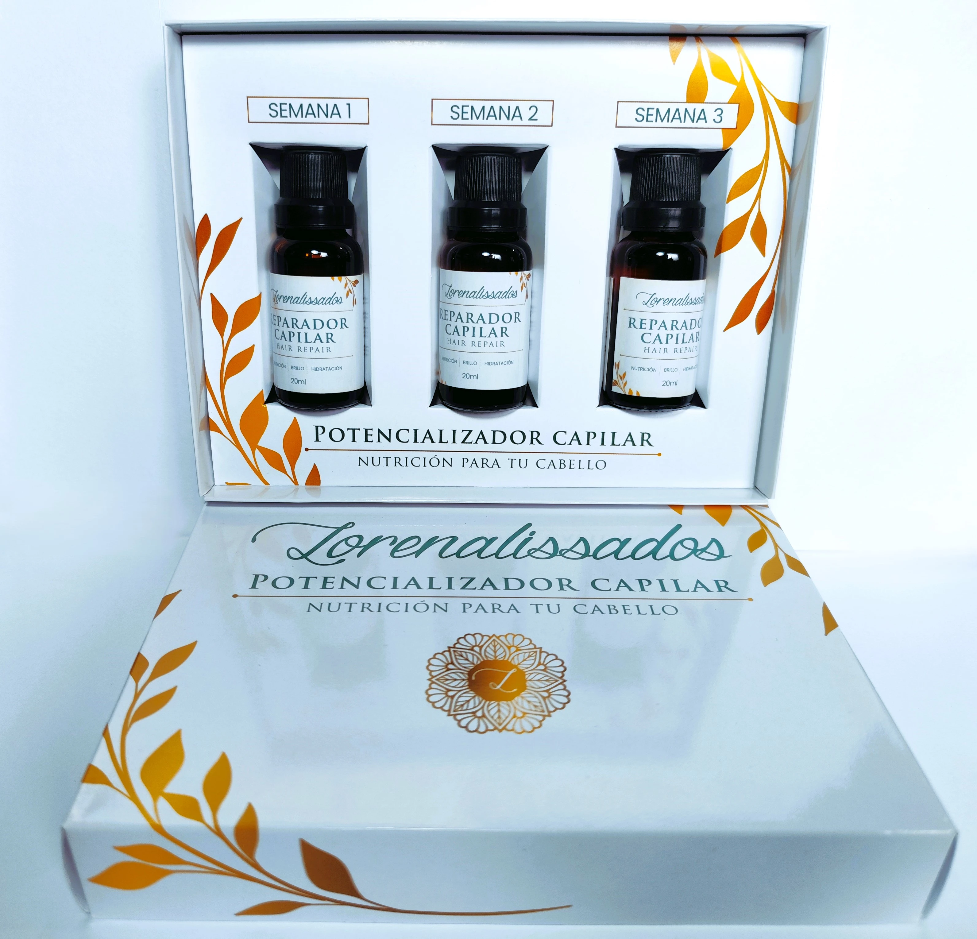 Kit de tratamiento capilar "Lorençalissados" con tres botellas para semanas 1, 2 y 3.