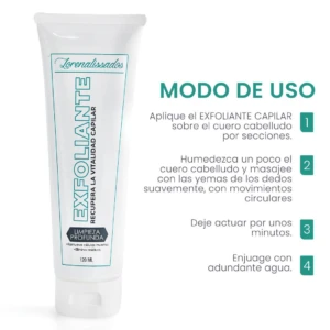 Tubo de Exfoliante Capilar Lorenallissados 120 ml con instrucciones de uso en español.