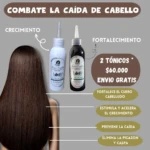 Dos tónicos capilares de 120 ml, uno blanco y uno oscuro, para el crecimiento y fortalecimiento del cabello, junto a mujer de cabello largo y liso.