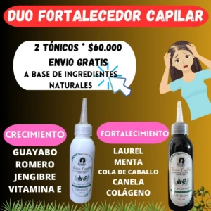 Dúo de tónicos capilares de 120 ml para crecimiento y fortalecimiento, con ingredientes naturales como romero, jengibre y colágeno, incluye envío gratis.