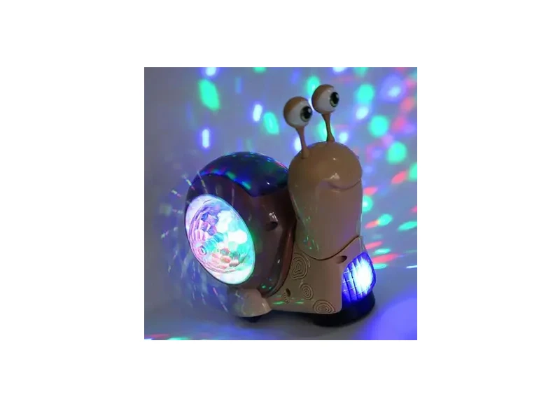 Juguete caracol musical de color beige con carcasa iluminada por luces LED de colores proyectando destellos sobre una superficie blanca.