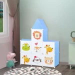 Armario organizador de tela azul con dibujos de animales y tejado, ideal para juguetes y ropa infantil.