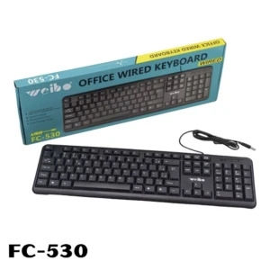 Teclado alámbrico Weibo FC-530 negro, con cable USB, presentado en empaque y para uso en oficina.