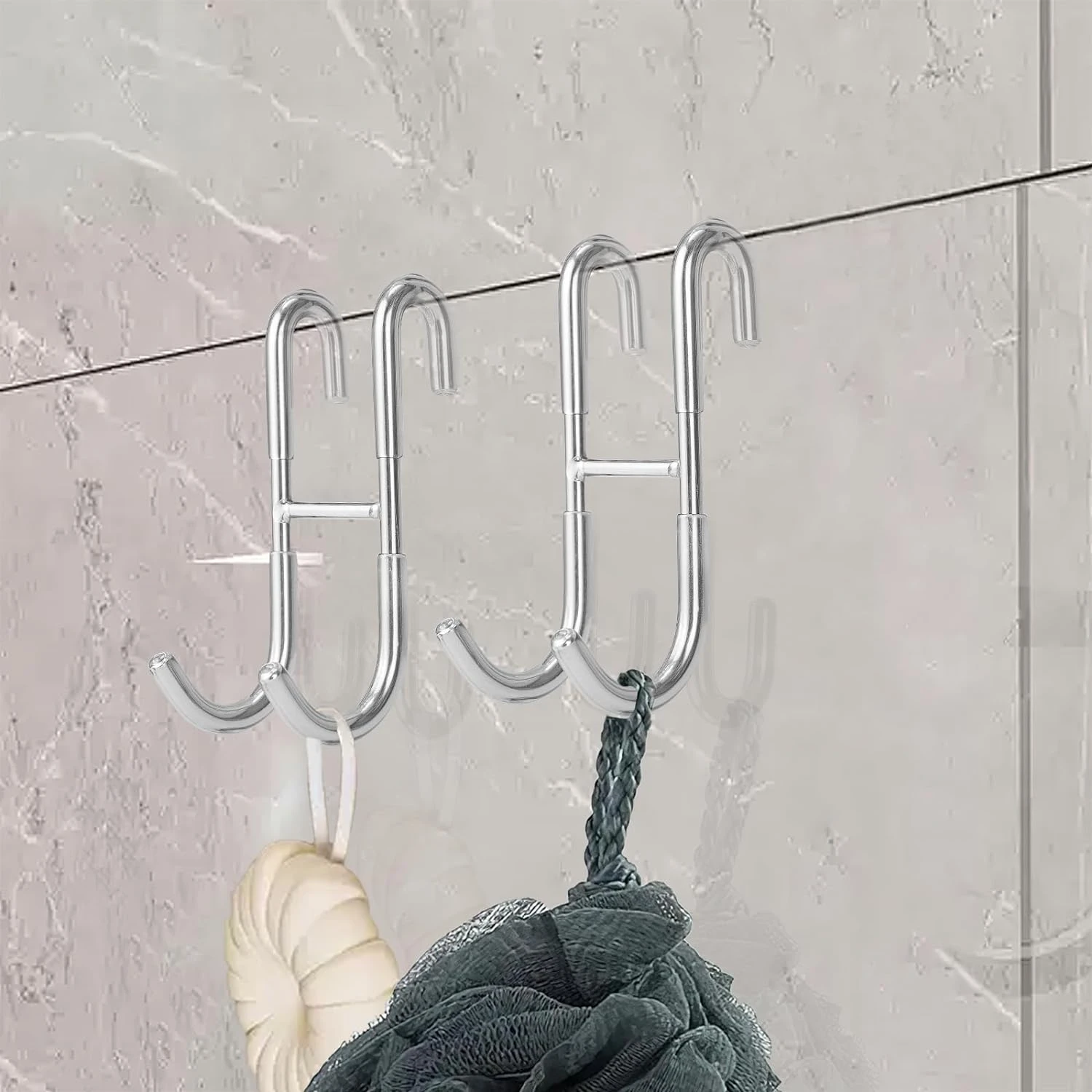 Set x2 ganchos cromados para puerta de baño o cocina, con dos niveles, colgando esponjas.