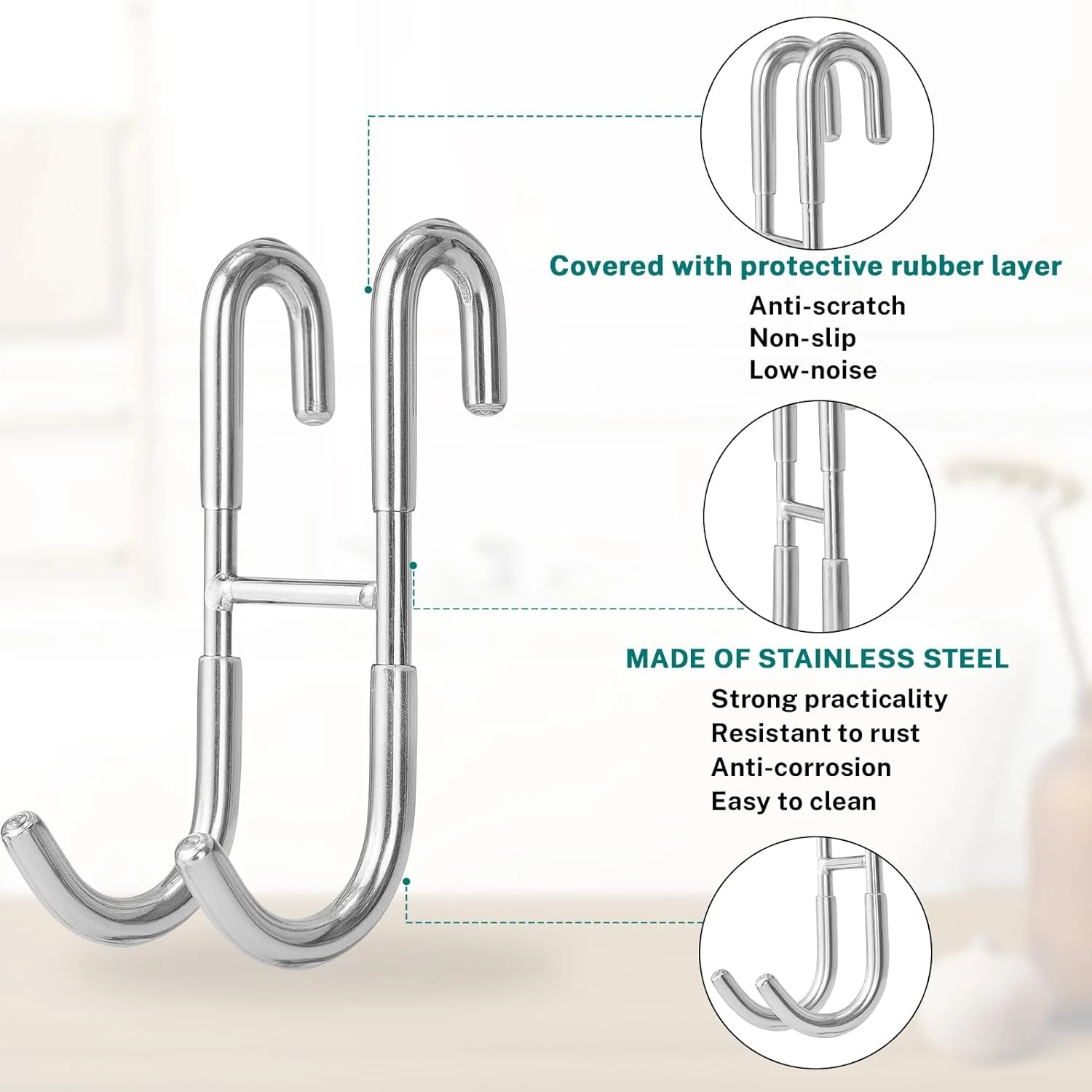 Set x2 ganchos para puerta de acero inoxidable, doble, con recubrimiento protector de caucho, resistentes y anti-corrosión.