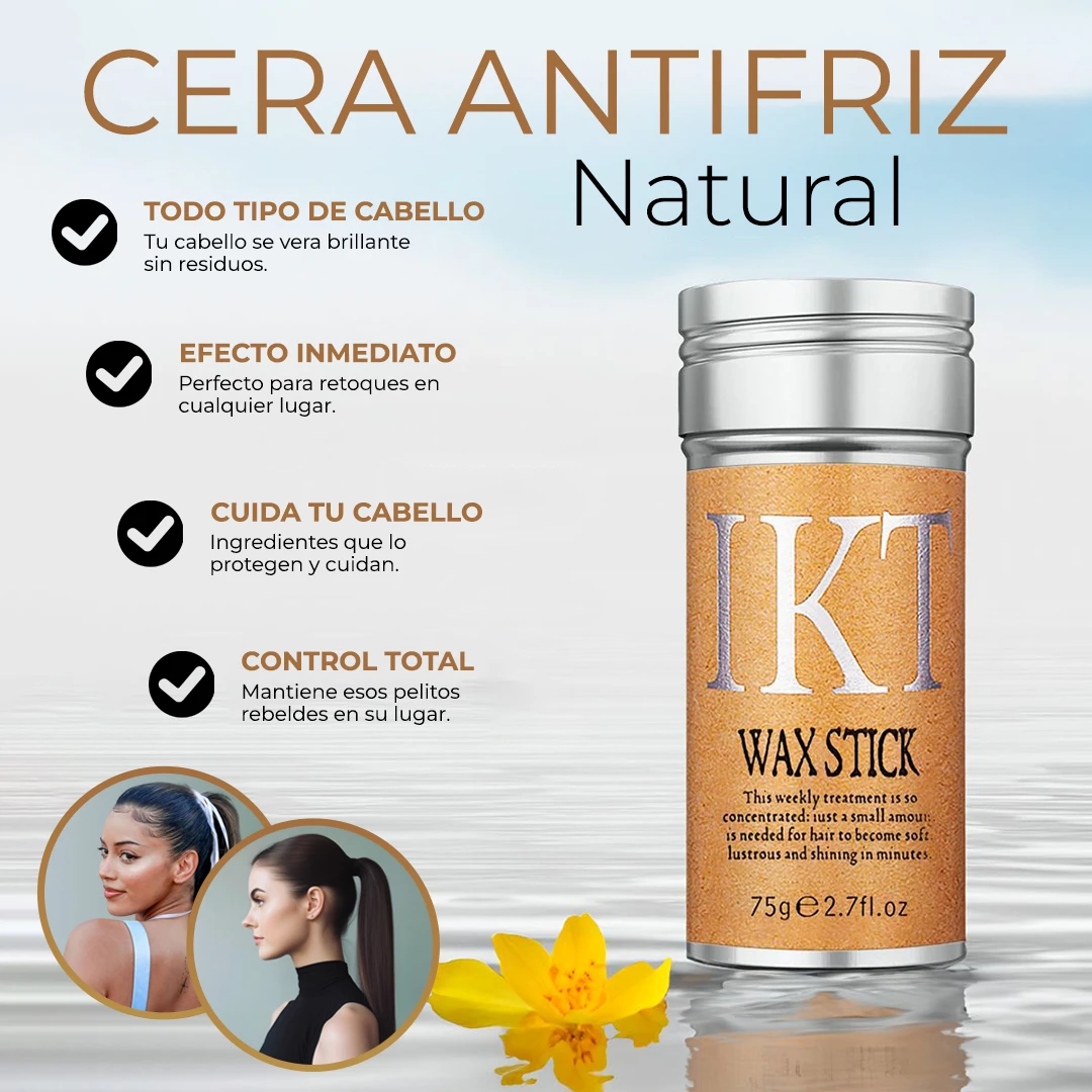 Cera capilar Ikt Wax Stick, envase naranja, descripciones y modelos de cabello en círculos.
