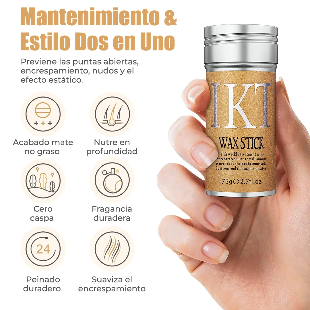 Cera capilar Ikt Wax Stick 75g en envase plateado, sostenida por mano con fondo blanco y textos de beneficios.