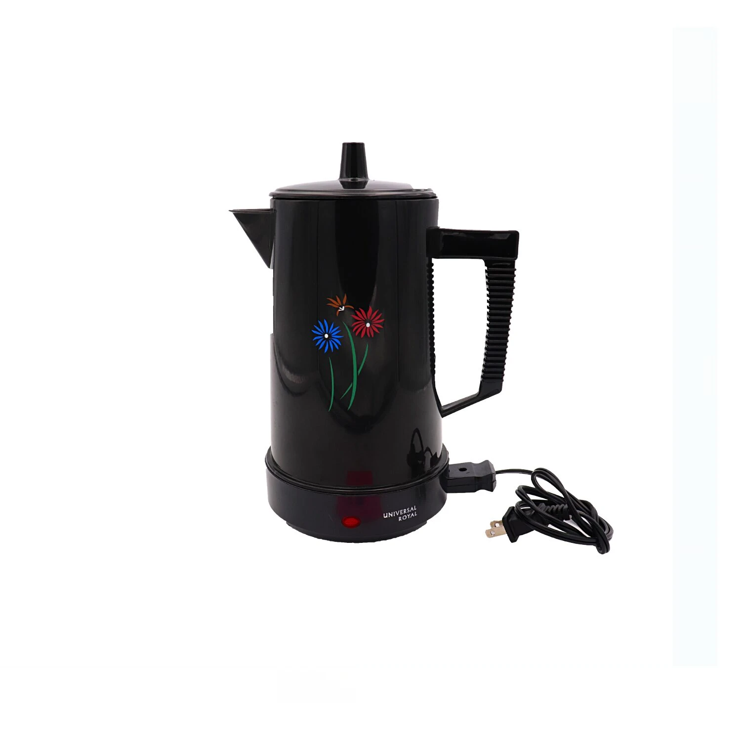 Cafetera eléctrica negra Universal Royal con flores decorativas y cable.