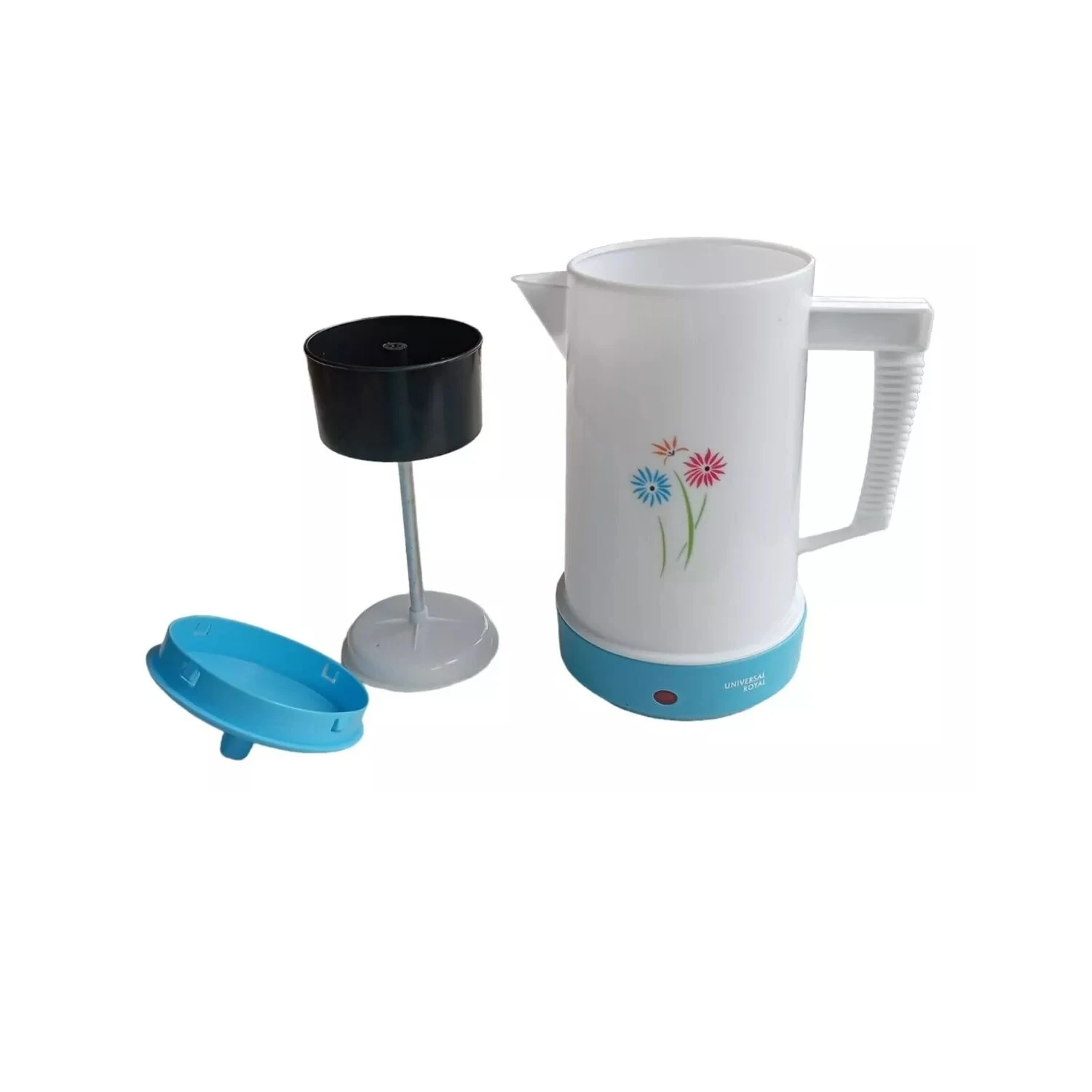 Cafetera eléctrica blanca Universal Royal con base azul, asa y filtro para café.