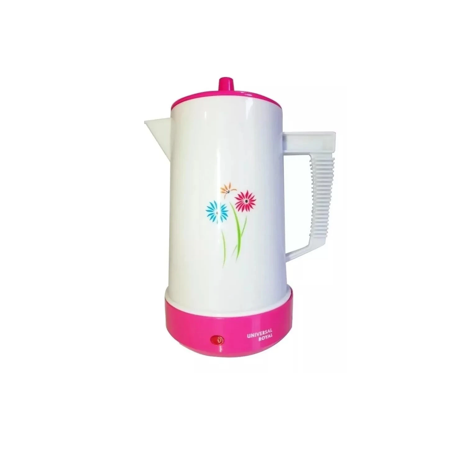 Cafetera eléctrica blanca con tapa y base rosa, decorada con flores, mango blanco y símbolo de encendido.