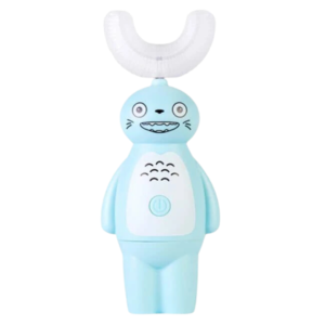 Cepillo dental eléctrico para niños azul con forma de oso, cerdas en U, para limpieza automática.