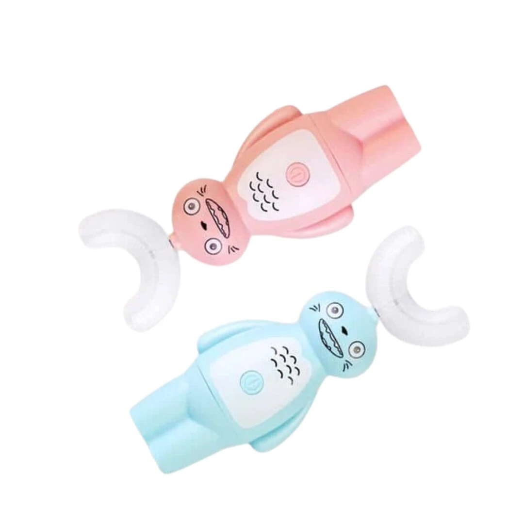 Cepillos dentales eléctricos para niños en forma de oso, uno rosa y otro azul, con cerdas blancas.