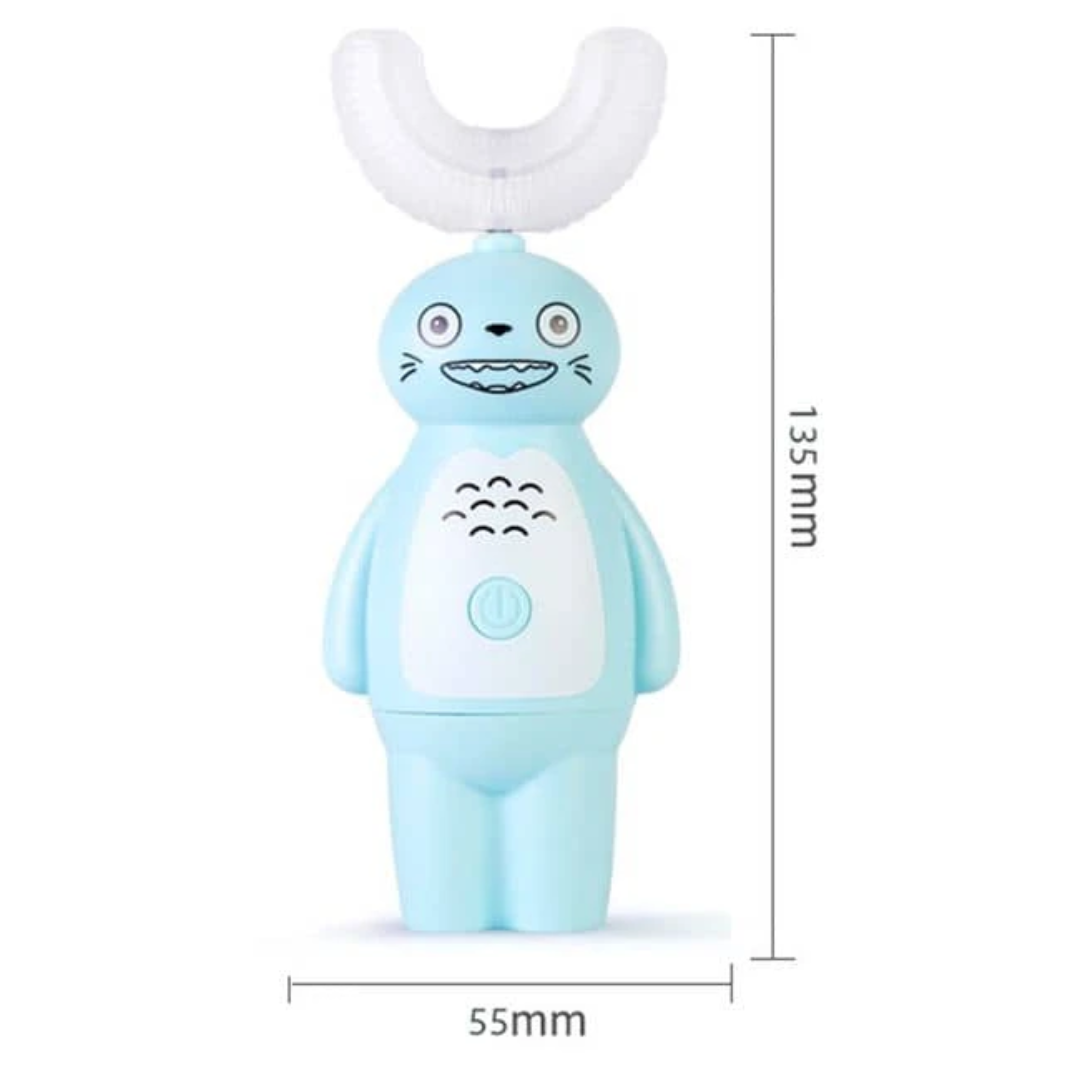 Cepillo dental eléctrico azul para niños con forma de oso, cerdas en U, mide 135x55mm.