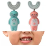 Cepillos dentales eléctricos para niños, color azul y rosa, con forma de oso y cerdas en U.