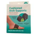 Caja de soportes de arco acolchados para aliviar pies cansados, con banda de compresión y suela antideslizante.